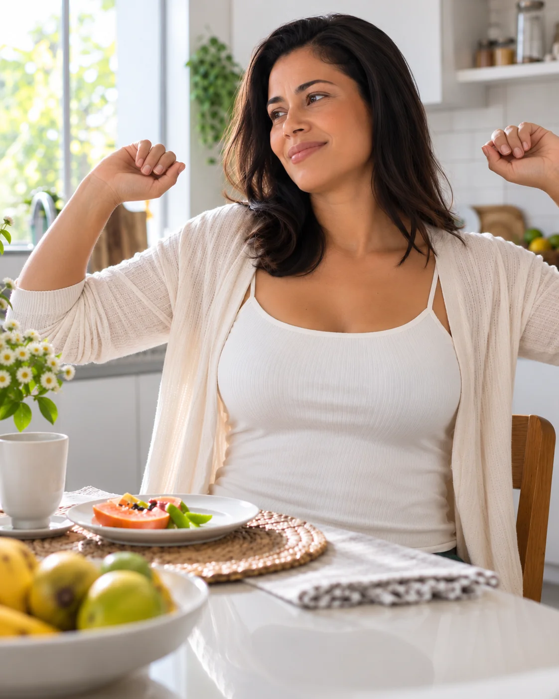 Cena ilustrativa de uma mulher adulta à mesa